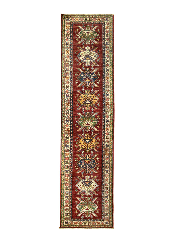 A29165 Oriental Rug Pakistani Handmade Runner Transitional Tribal 2'7'' x 10'5'' -3x10- Red Green Kazak Geometric Design.jpg