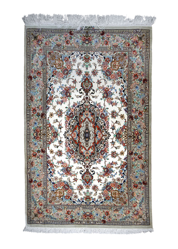 A29174 Persian Rug Qum Handmade Area Traditional 2'8'' x 4'1'' -3x4- Whites Beige Red Floral Design