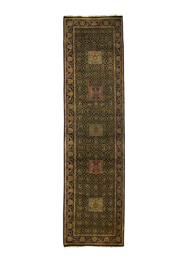 A29201 Oriental Rug Indian Handmade Runner Transitional 2'7'' x 9'11'' -3x10- Black Tea Washed Geometric Design.jpg