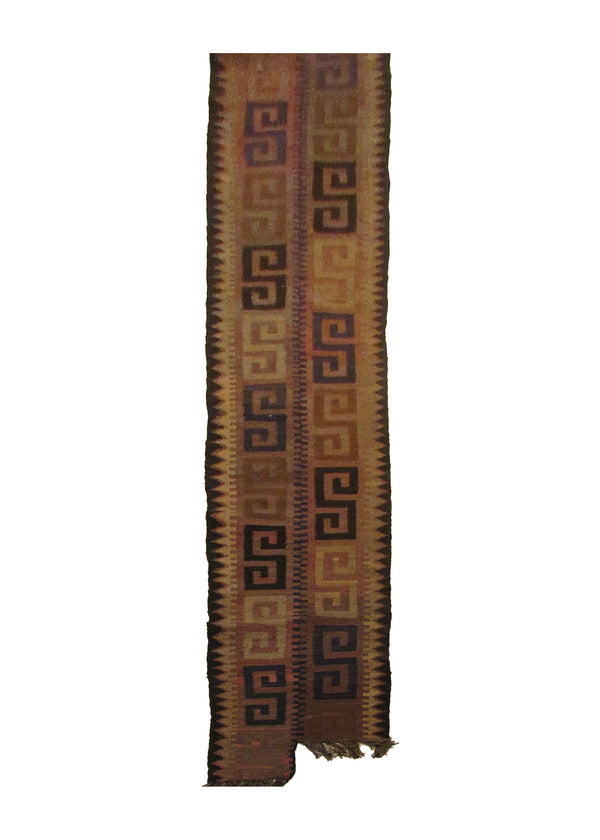 A29204 Oriental Rug Afghan Handmade Runner Tribal 1'3'' x 12'8'' -1x13- Brown Maymara Geometric Design
