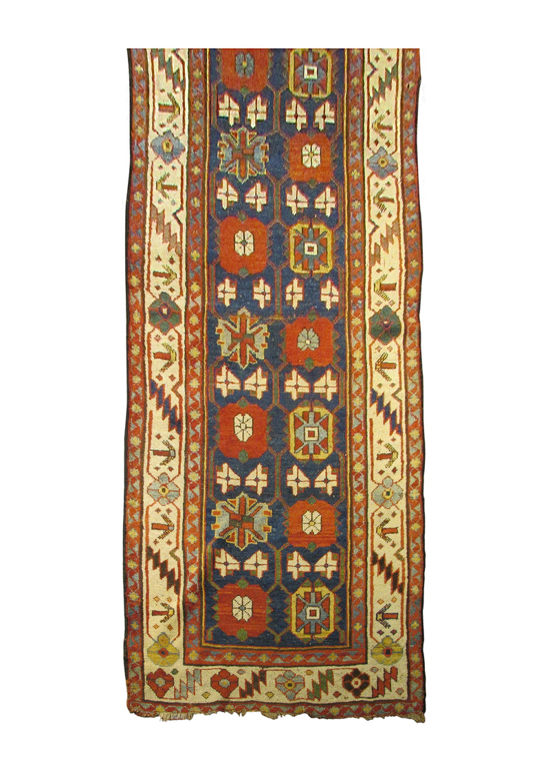 A29213 Persian Rug Varamin Handmade Runner Tribal Antique 3'4'' x 14'0'' -3x14- Blue Whites Beige Red Geometric Design
