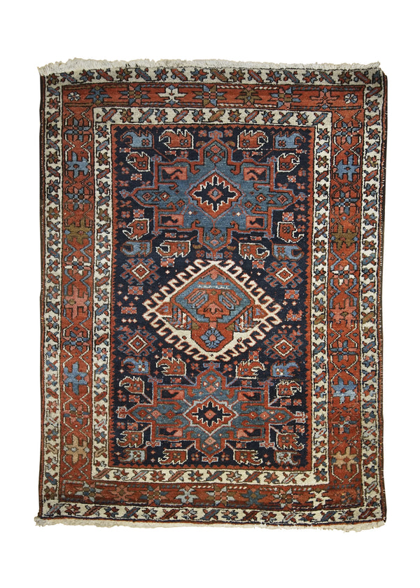 A29222 Persian Rug Gharajeh Handmade Area Tribal Antique 3'3'' x 4'4'' -3x4- Blue Red Geometric Design