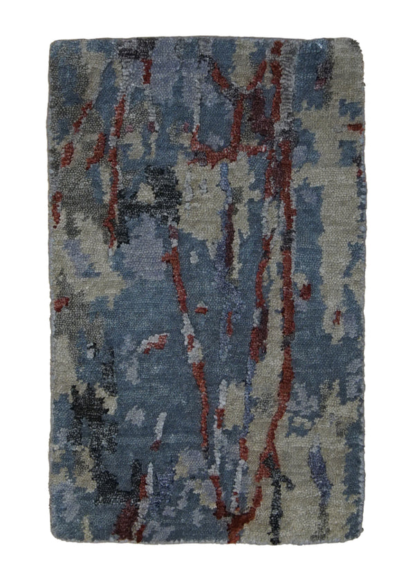 A29233 Oriental Rug Indian Handmade Area Modern 0'12'' x 1'6'' -1x2- Gray Red Splatter Abstract Design