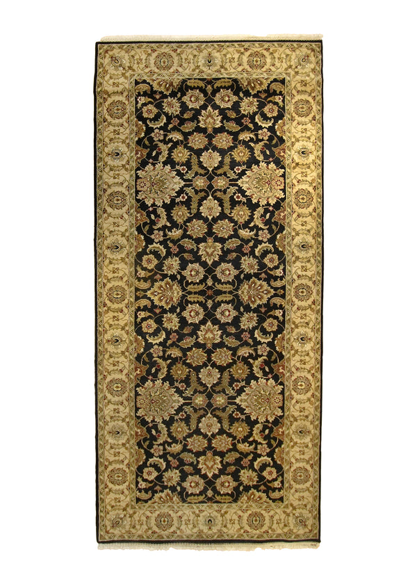 A29249 Oriental Rug Indian Handmade Runner Transitional Traditional 5'6'' x 12'0'' -6x12- Black Green Yellow Gold Tea Washed Floral Jaipur Design