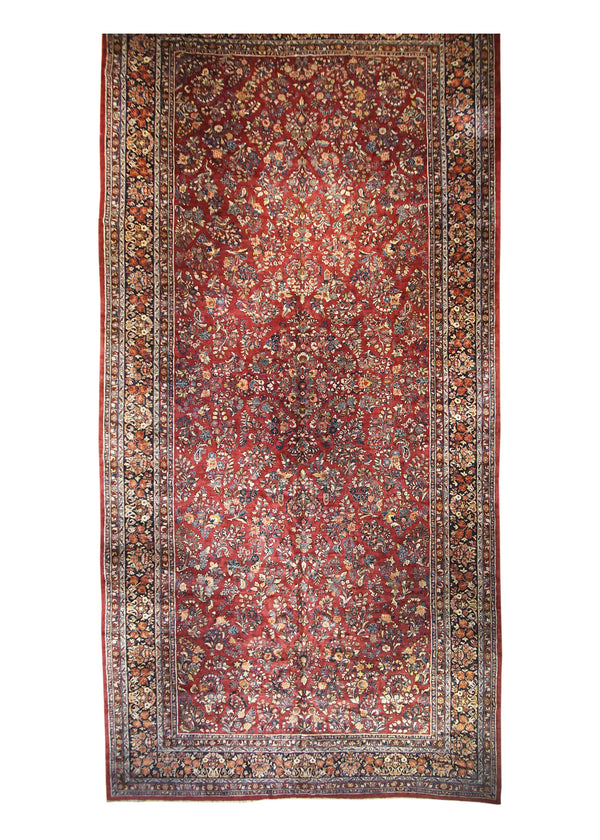 A29263 Persian Rug Sarouk Handmade Area Traditional Antique 12'3'' x 24'6'' -12x25- Red Blue Floral Design