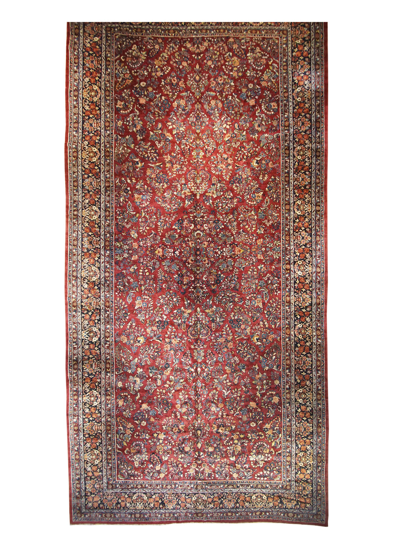 A29263 Persian Rug Sarouk Handmade Area Traditional Antique 12'3'' x 24'6'' -12x25- Red Blue Floral Design