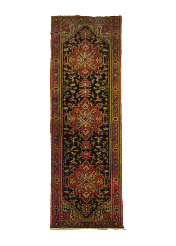 A29275 Oriental Rug Indian Handmade Runner Transitional 2'6'' x 10'1'' -3x10- Black Red Geometric Design