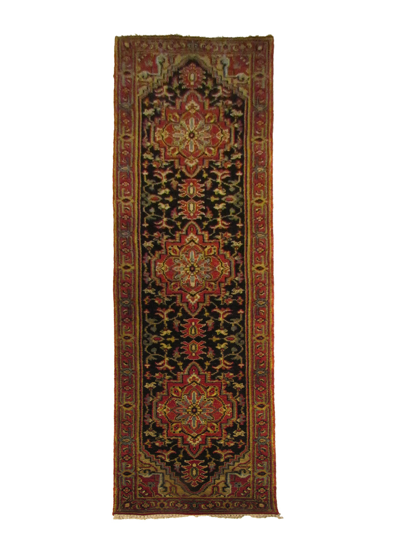 A29275 Oriental Rug Indian Handmade Runner Transitional 2'6'' x 10'1'' -3x10- Black Red Geometric Design