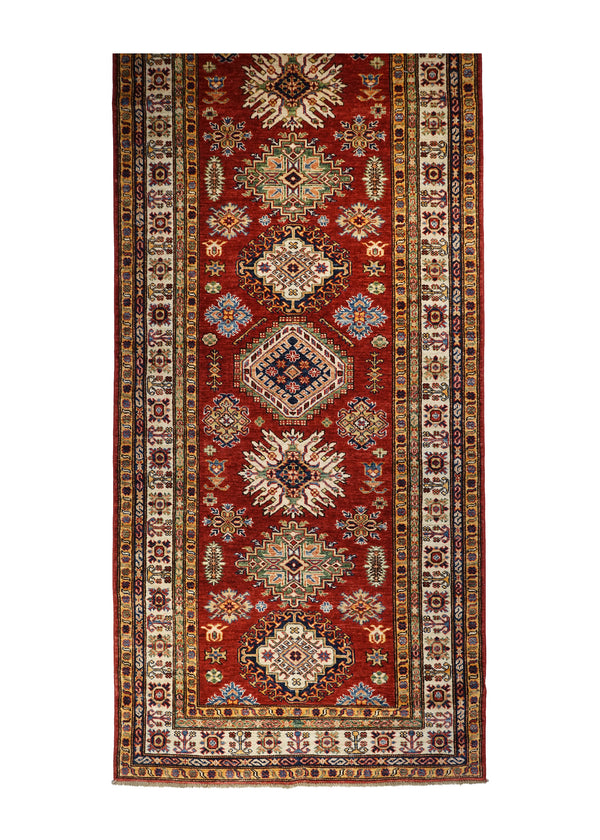 A29333 Oriental Rug Pakistani Handmade Runner Transitional Tribal 4'2'' x 10'2'' -4x10- Red Kazak Geometric Design