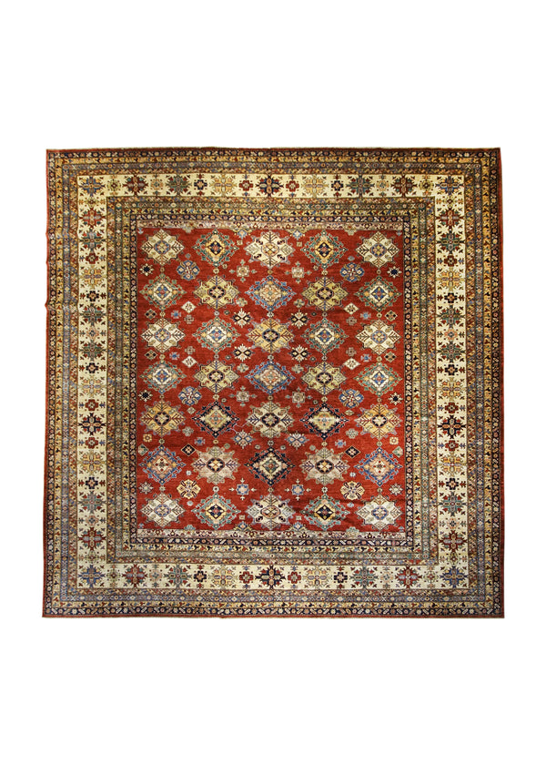 A29336 Oriental Rug Pakistani Handmade Square Transitional Tribal 13'4'' x 13'6'' -13x14- Red Kazak Geometric Design
