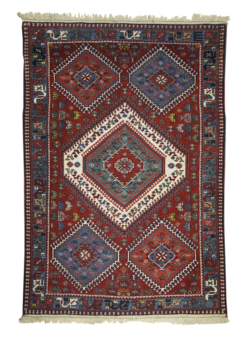 A29356 Persian Rug Yalameh Handmade Area Tribal 3'4'' x 4'10'' -3x5- Red Blue Geometric Design