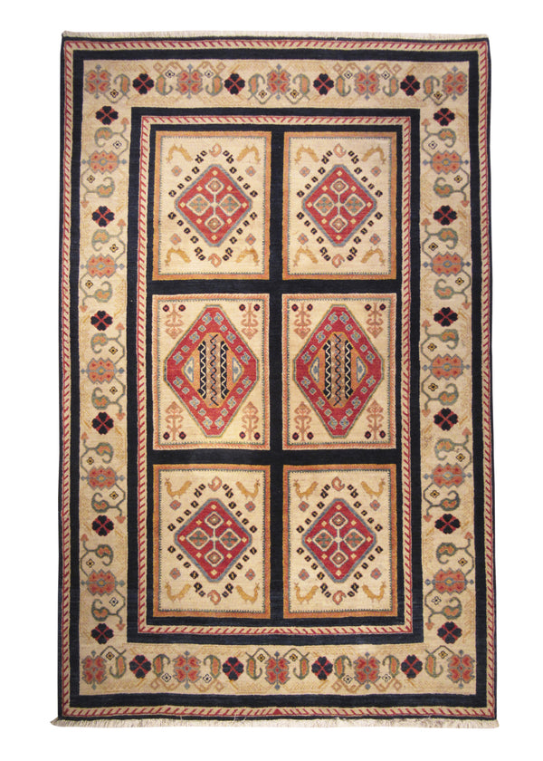 A29387 Persian Rug Azerbaijan Handmade Area Tribal 5'3'' x 8'3'' -5x8- Whites Beige Blue Geometric Design