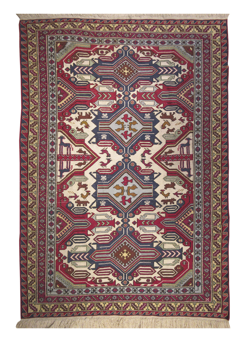 A29388 Oriental Rug Afghan Handmade Area Tribal 5'6'' x 7'11'' -6x8- Red Whites Beige Blue Soumak Geometric Design