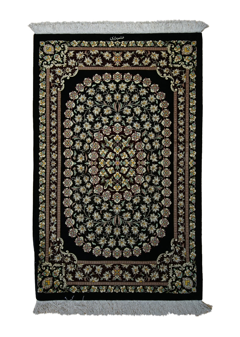 A29449 Persian Rug Qum Handmade Area Traditional 1'10'' x 2'11'' -2x3- Black Floral Design
