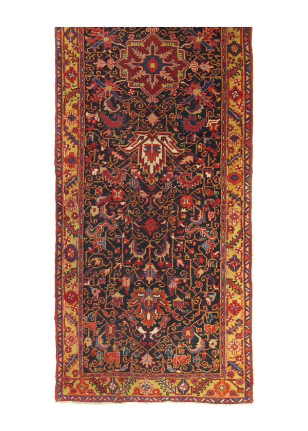 A29459 Persian Rug Heriz Handmade Runner Tribal Vintage 3'9'' x 13'10'' -4x14- Blue Yellow Gold Red Geometric Design