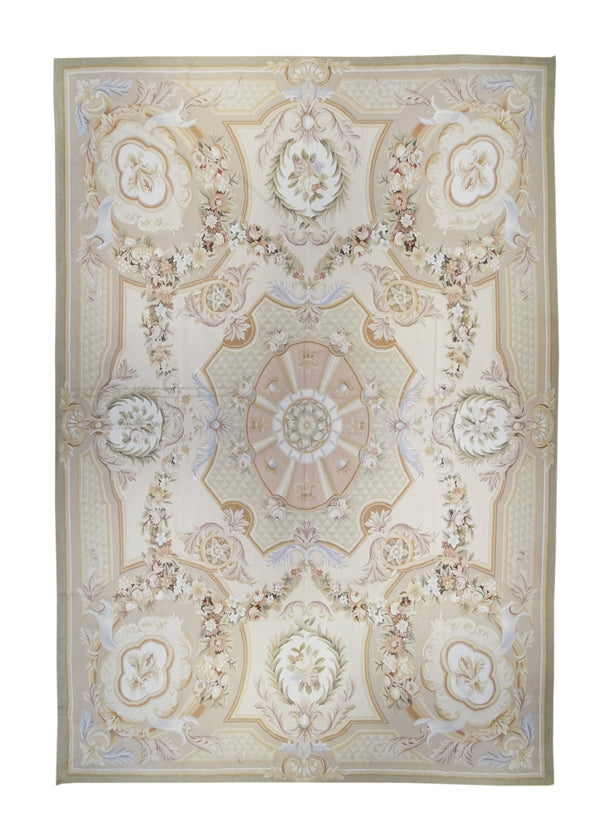 A29465 Oriental Rug Chinese Handmade Area Traditional 9'2'' x 14'1'' -9x14- Whites Beige Pink Tapestry Aubusson Floral Design