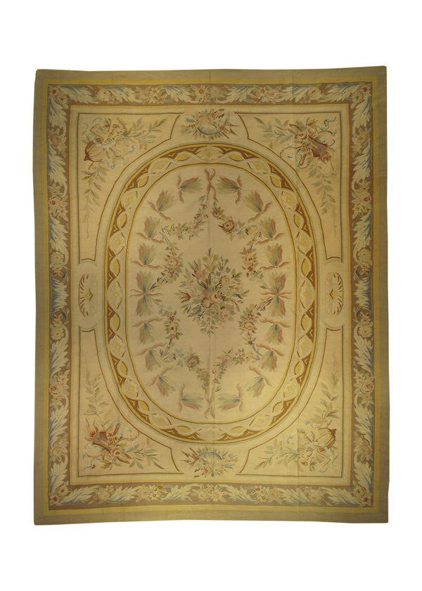 A29467 Oriental Rug Chinese Handmade Area Traditional 8'11'' x 11'6'' -9x12- Brown Green Tapestry Aubusson Floral Design