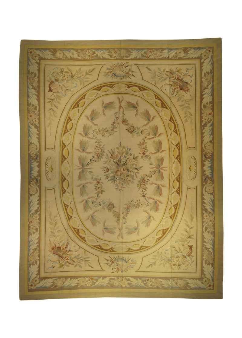 A29467 Oriental Rug Chinese Handmade Area Traditional 8'11'' x 11'6'' -9x12- Brown Green Tapestry Aubusson Floral Design