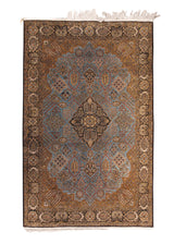 A29490 Persian Rug Qum Handmade Area Traditional 4'6'' x 7'1'' -5x7- Blue Yellow Gold Floral Design