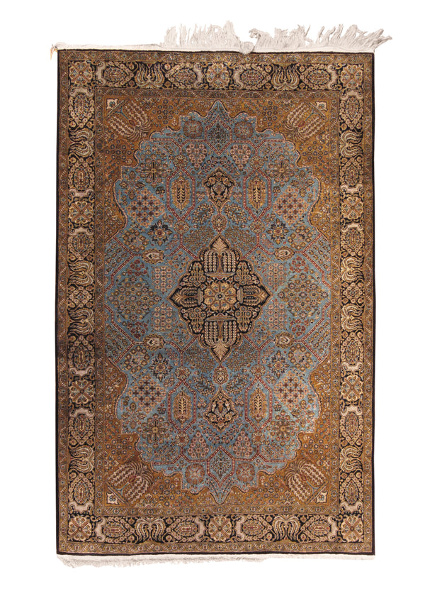 A29490 Persian Rug Qum Handmade Area Traditional 4'6'' x 7'1'' -5x7- Blue Yellow Gold Floral Design