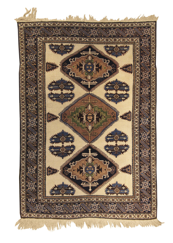 A29491 Persian Rug Ardabil Handmade Area Tribal 4'8'' x 6'7'' -5x7- Whites Beige Blue Geometric Design