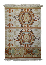 A29494 Oriental Rug Indian Handmade Area Transitional 2'0'' x 3'0'' -2x3- Whites Beige Red Soumak Geometric Partition Design