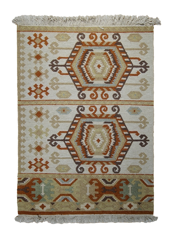 A29494 Oriental Rug Indian Handmade Area Transitional 2'0'' x 3'0'' -2x3- Whites Beige Red Soumak Geometric Partition Design