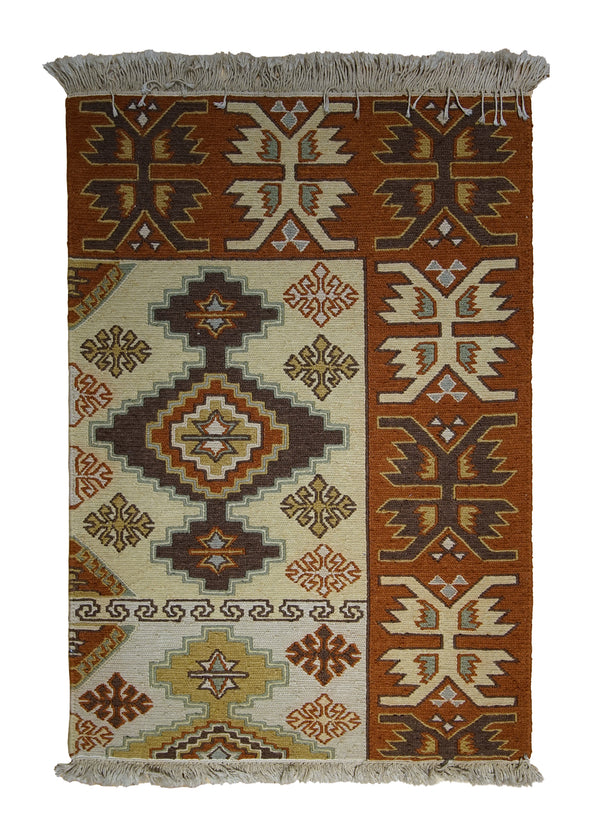 A29495 Oriental Rug Indian Handmade Area Transitional 2'0'' x 3'0'' -2x3- Whites Beige Red Brown Soumak Geometric Partition Design