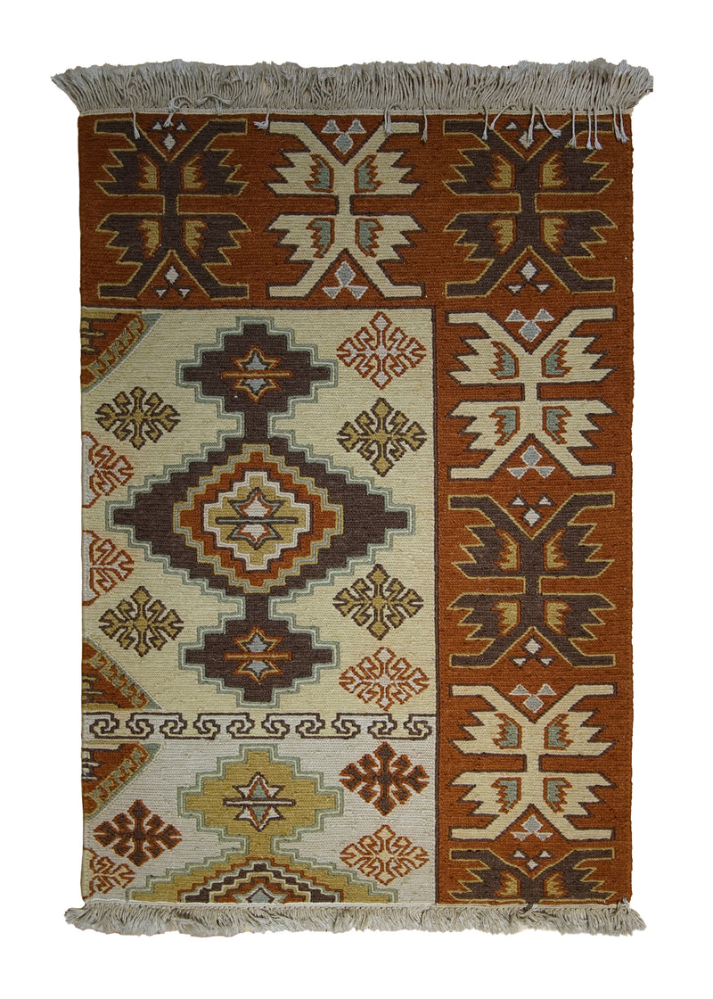 A29495 Oriental Rug Indian Handmade Area Transitional 2'0'' x 3'0'' -2x3- Whites Beige Red Brown Soumak Geometric Partition Design