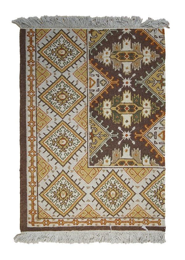 A29497 Oriental Rug Indian Handmade Area Transitional 2'0'' x 3'0'' -2x3- Brown Whites Beige Red Soumak Geometric Partition Design