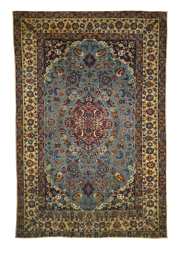 A29539 Persian Rug Isfahan Handmade Area Traditional Antique 3'6'' x 5'3'' -4x5- Whites Beige Blue Floral Design