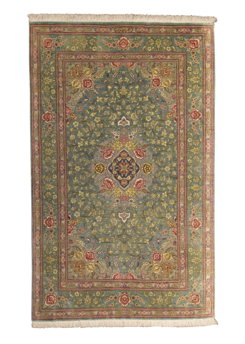 A29556 Persian Rug Qum Handmade Area Traditional 2'6'' x 3'11'' -3x4- Green Pink Floral Design