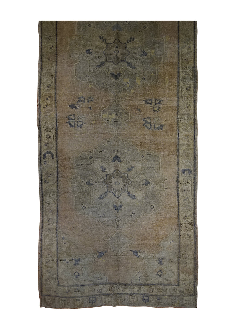 A29599 Oriental Rug Turkish Handmade Area Transitional Vintage 5'3'' x 12'5'' -5x12- Whites Beige Green Red Geometric Design