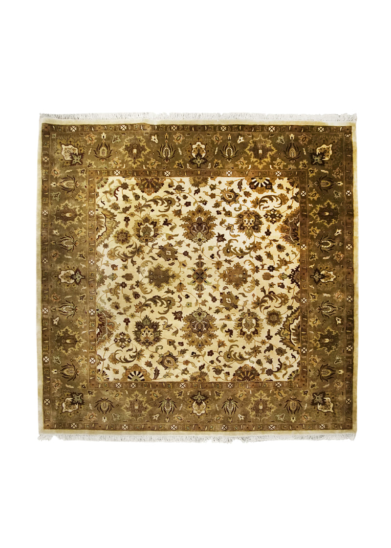 A29604 Oriental Rug Indian Handmade Square Transitional 7'11'' x 8'1'' -8x8- Whites Beige Yellow Gold Green Tea Washed Floral Design