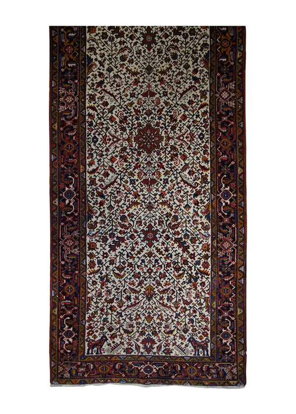 A29617 Persian Rug Heriz Handmade Runner Tribal 4'12'' x 13'1'' -5x13- Whites Beige Red Geometric Design
