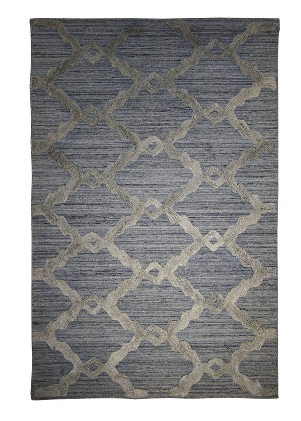 A29672 Oriental Rug Indian Handmade Area Modern Neutral 3'7'' x 5'6'' -4x6- Blue High Low Pile Geometric Design