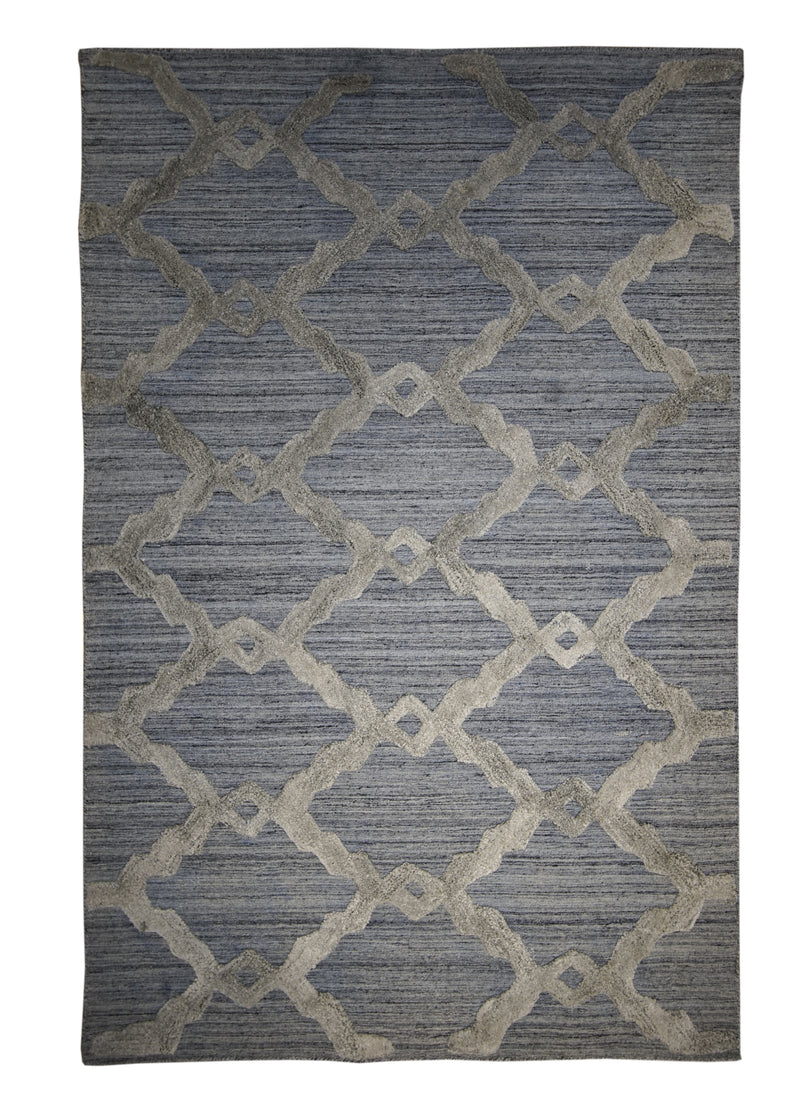 A29672 Oriental Rug Indian Handmade Area Modern Neutral 3'7'' x 5'6'' -4x6- Blue High Low Pile Geometric Design