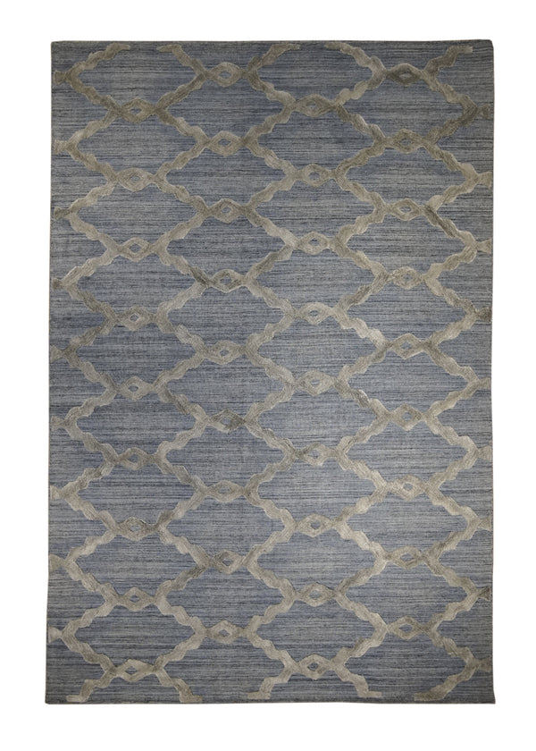 A29673 Oriental Rug Indian Handmade Area Modern Neutral 5'11'' x 8'10'' -6x9- Blue High Low Pile Geometric Design
