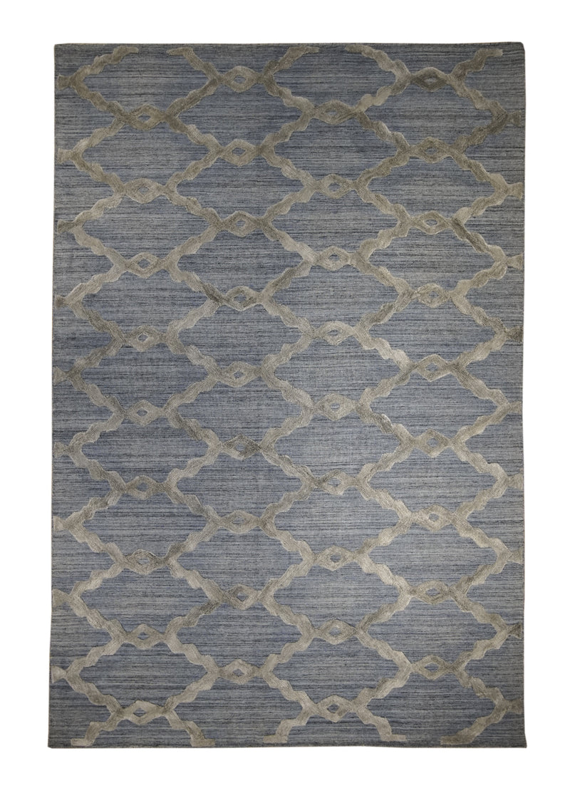 A29673 Oriental Rug Indian Handmade Area Modern Neutral 5'11'' x 8'10'' -6x9- Blue High Low Pile Geometric Design