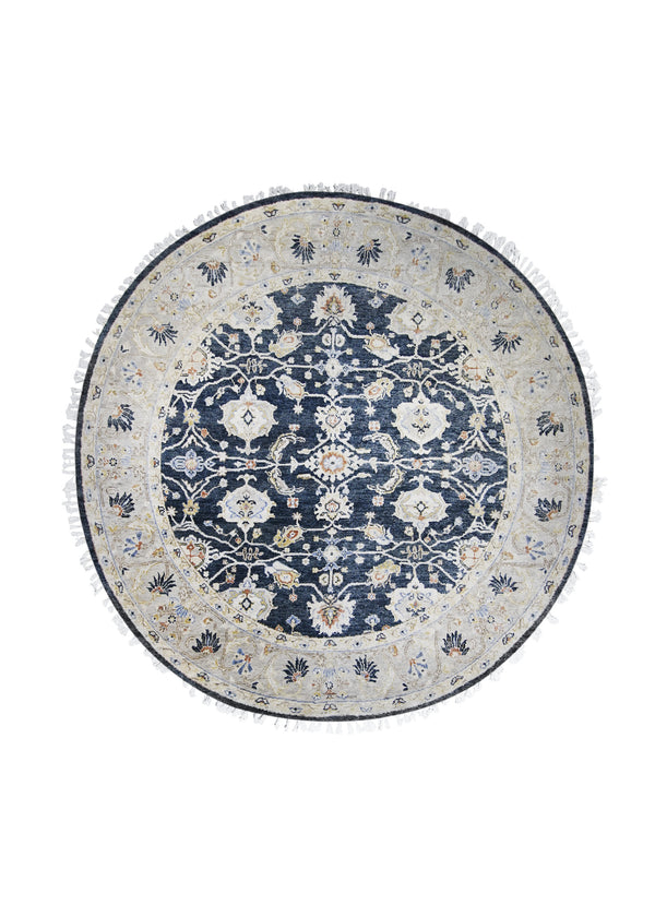A29678 Oriental Rug Indian Handmade Round Transitional 7'12'' x 8'0'' -8x8- Blue Whites Beige Floral Oushak Design