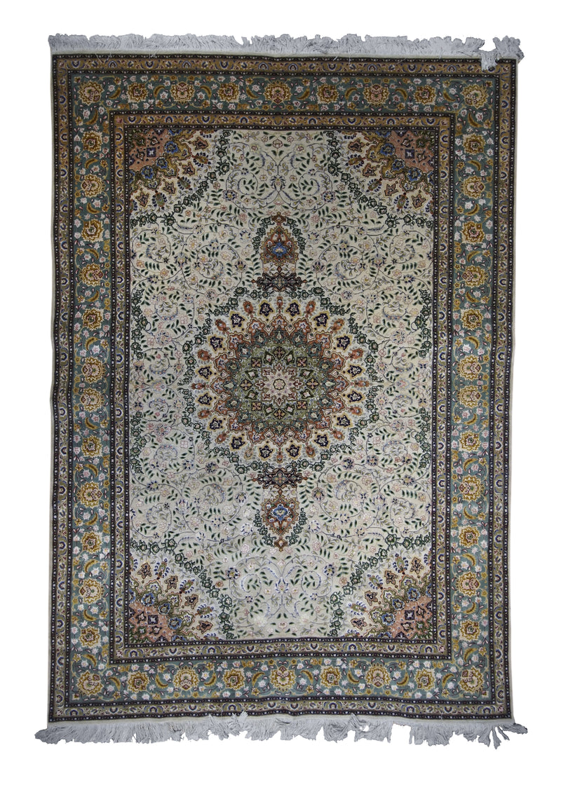 A29691 Persian Rug Tabriz Handmade Area Traditional 6'5'' x 9'6'' -6x10- Whites Beige Blue Green Naghsh Floral Design