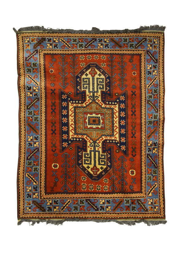 A29701 Oriental Rug Afghan Handmade Area Transitional Tribal 3'7'' x 4'6'' -4x5- Red Blue Kazak Geometric Design