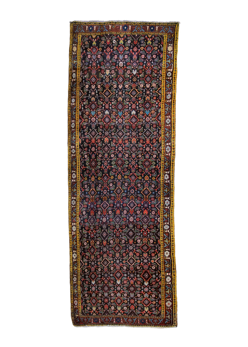 A29706 Persian Rug Azerbaijan Handmade Runner Tribal Vintage 3'5'' x 9'9'' -3x10- Yellow Gold Blue Geometric Herati Design.jpg