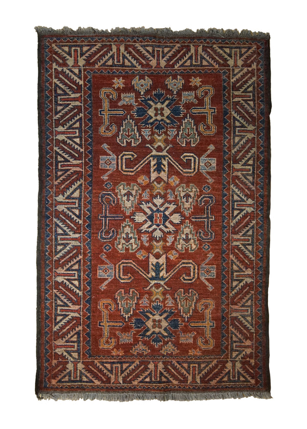 A29707 Oriental Rug Afghan Handmade Area Transitional Tribal 3'0'' x 4'9'' -3x5- Red Kazak Geometric Design