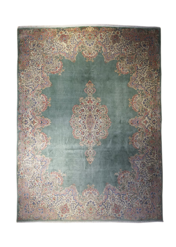 A29791 Persian Rug Kerman Handmade Area Traditional 8'9'' x 11'9'' -9x12- Green Pink Open Field Design