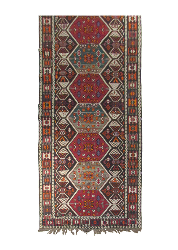 A29858 Oriental Rug Turkish Handmade Runner Antique 4'2'' x 12'9'' -4x13- Brown Green Red Kilim Geometric Design