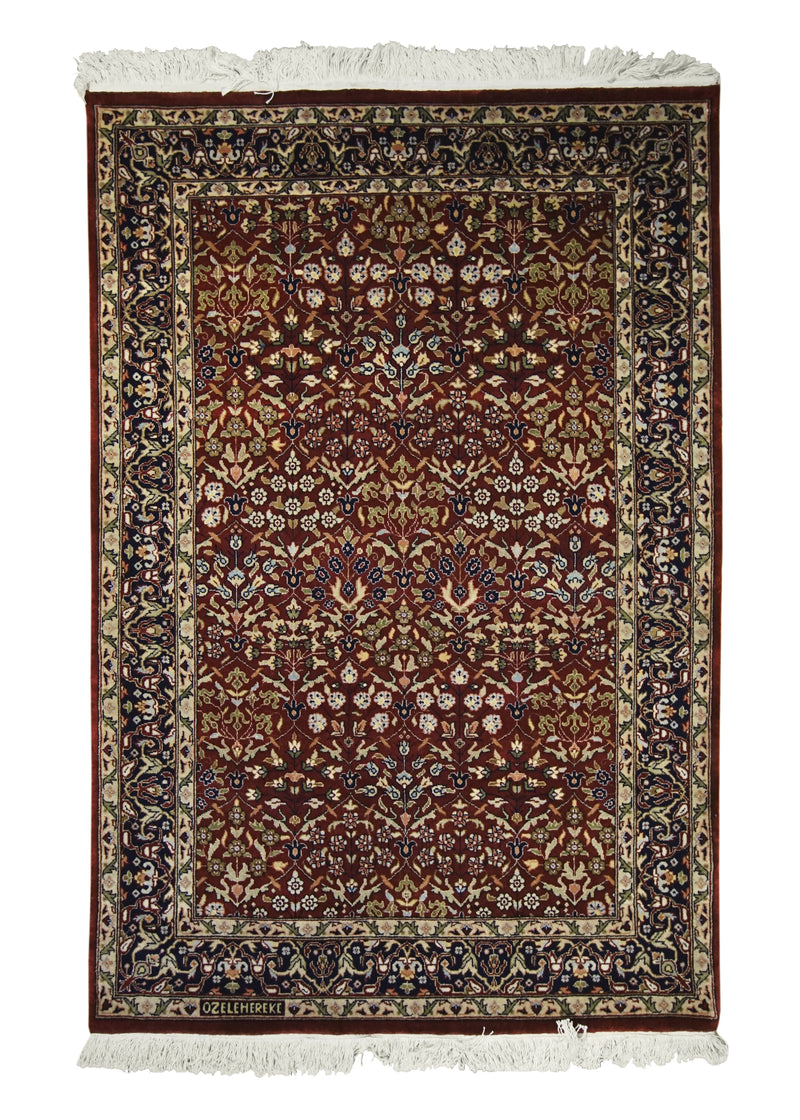 A29867 Oriental Rug Turkish Handmade Area Traditional 4'2'' x 6'1'' -4x6- Red Blue Floral Design