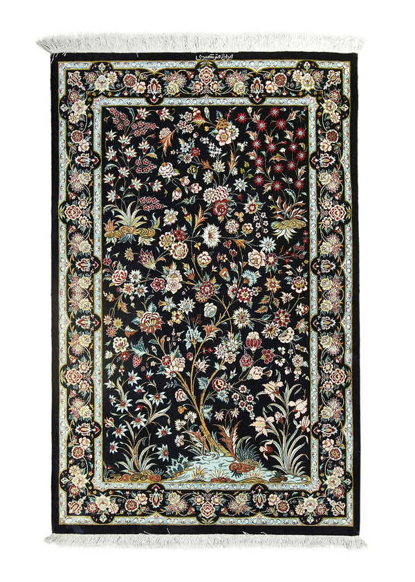 A29886 Persian Rug Qum Handmade Area Traditional 3'2'' x 4'10'' -3x5- Black Green Tree of Life Design.jpg