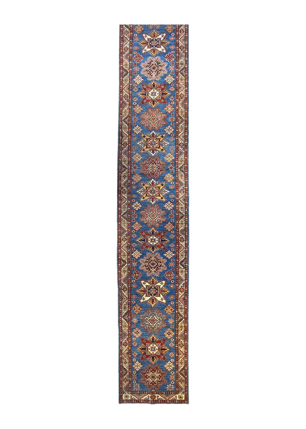 A29891 Oriental Rug Pakistani Handmade Runner Transitional Tribal 3'5'' x 22'7'' -3x23- Blue Geometric Kazak Design