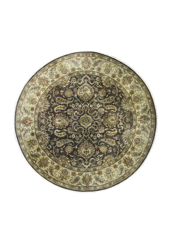A29912 Oriental Rug Indian Handmade Round Transitional 7'8'' x 7'8'' -8x8- Brown Whites Beige Green Floral Design